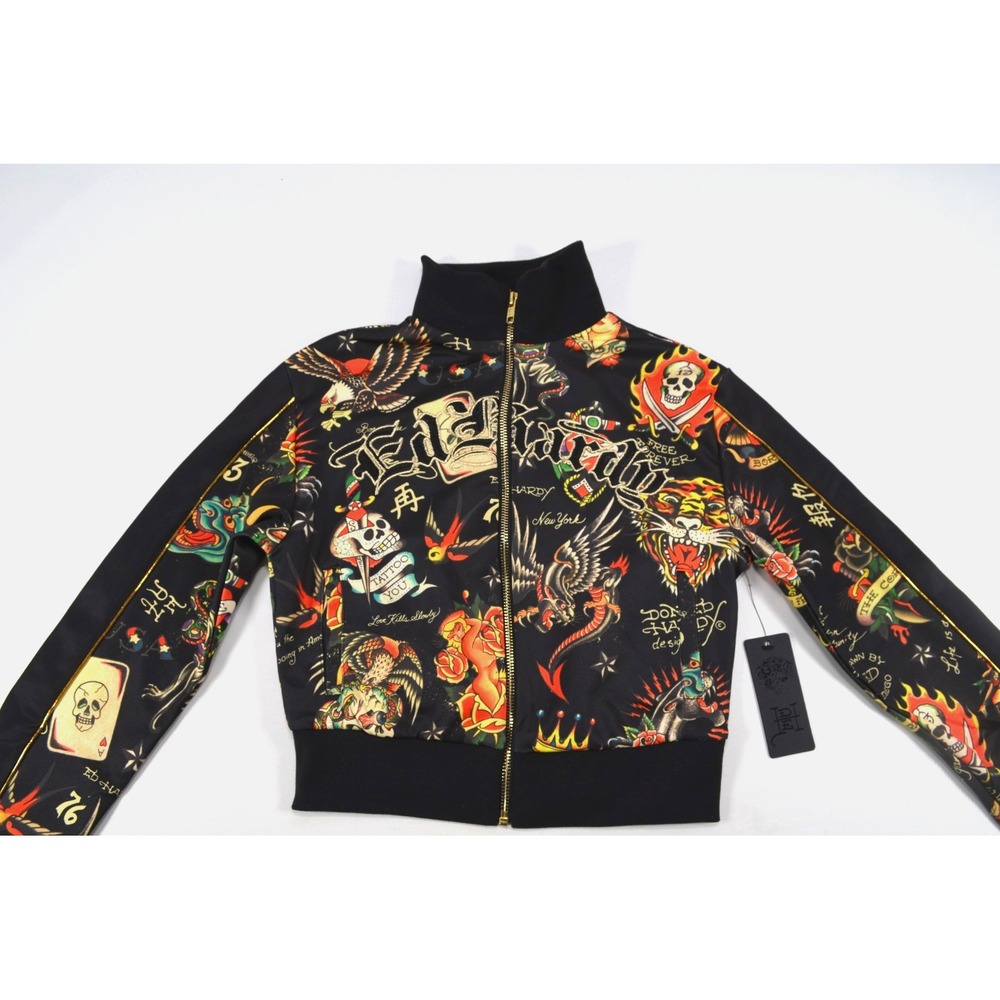 Ed Hardy Black Crop Zip Up Track Jacket All Over Tattoo Women's Size XS Nwt's